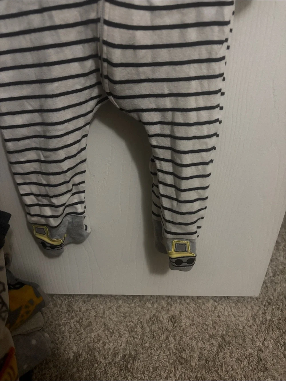 Striped Gray & White Footed One-Piece with Yellow Excavator - Kids